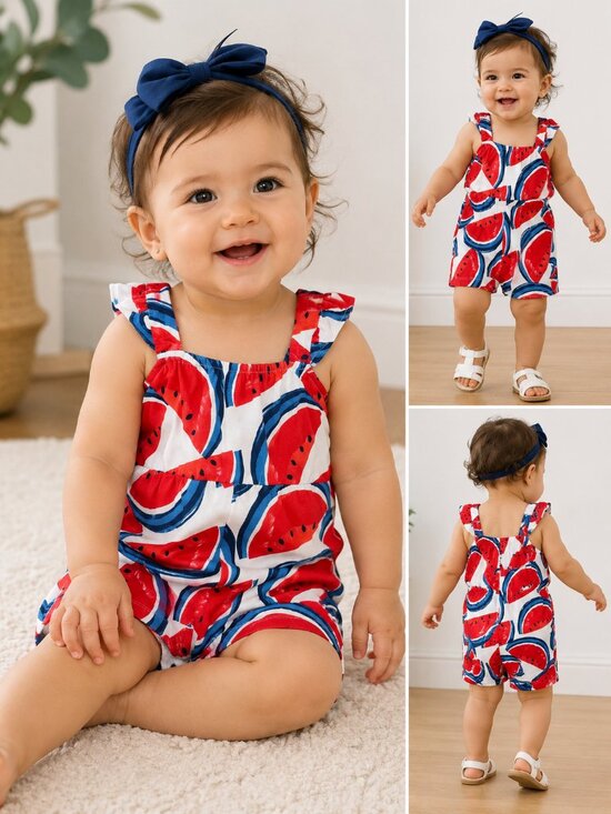 Carter's Other - Carter’s Baby Girl 12M Watermelon Romper Red White Blue Cotton Summer One Piece